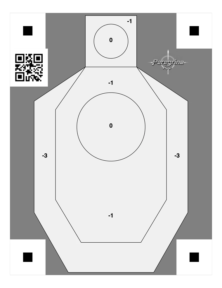 IDPA silhouette target sheet with scoring zones