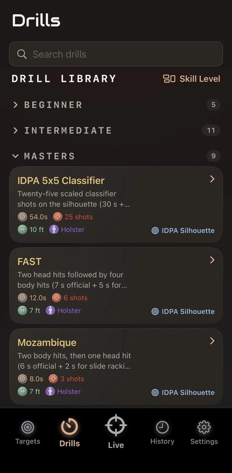Drills library grouped by skill level, with Masters expanded to IDPA 5x5 Classifier, FAST and Mozambique