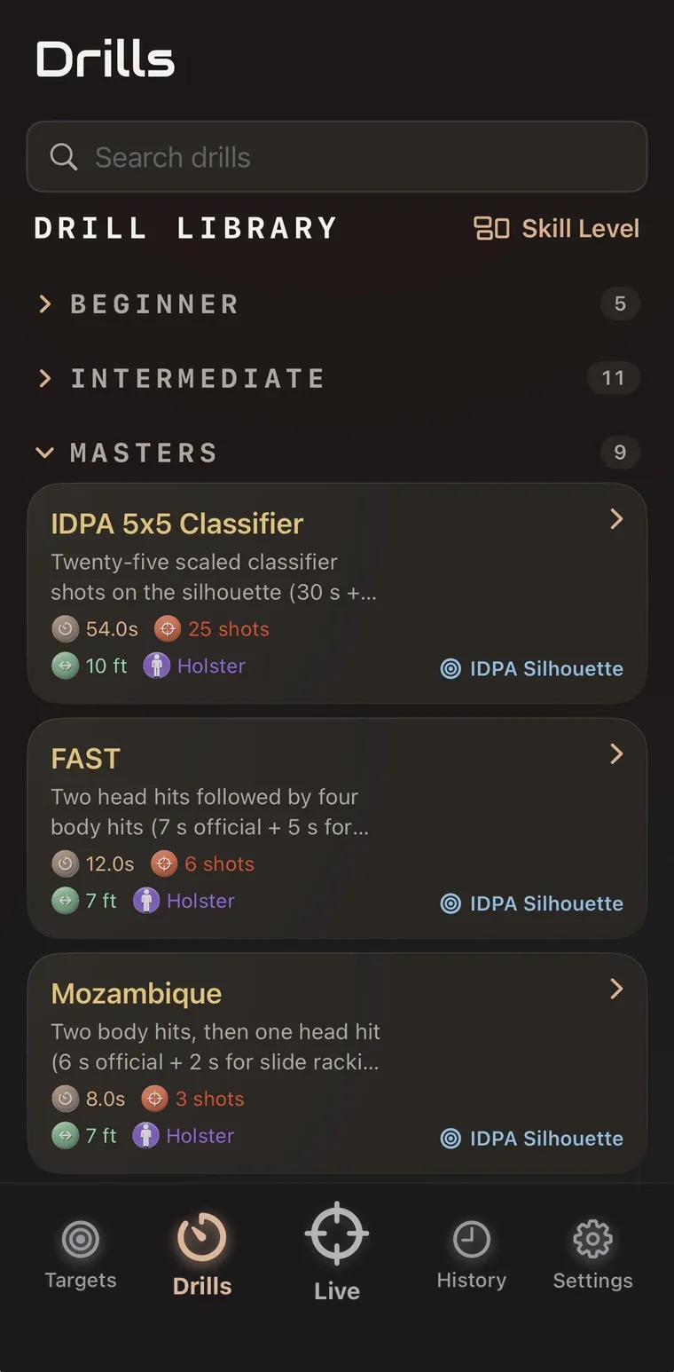 Drills library grouped by skill level, with Masters expanded to IDPA 5x5 Classifier, FAST and Mozambique
