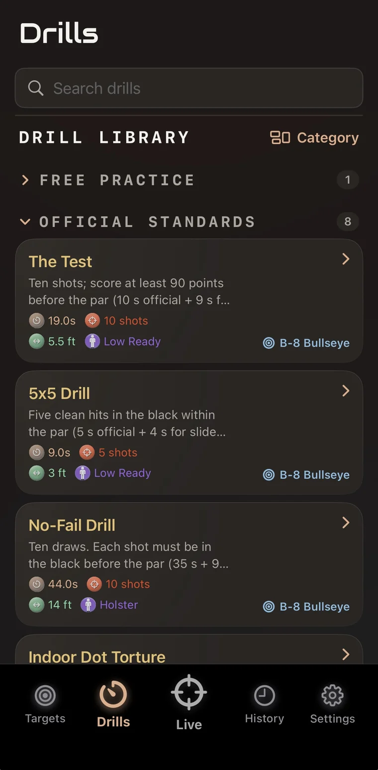 Drills library grouped by category, with Official Standards expanded to The Test, 5x5 Drill and No-Fail Drill