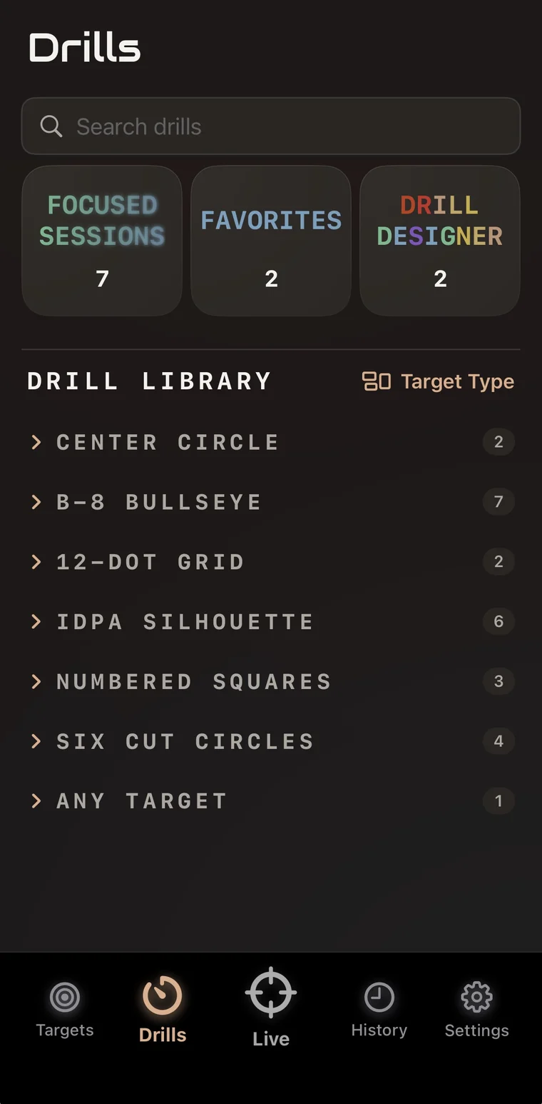 Drills library grouped by target type, with Focused Sessions, Favorites and Drill Designer shortcuts above the list