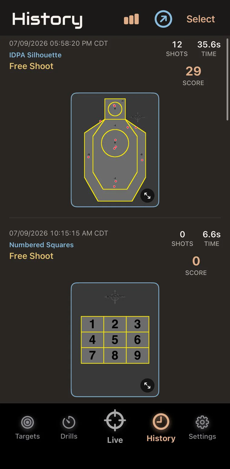 History list with saved free-shoot sessions on silhouette and numbered-squares targets