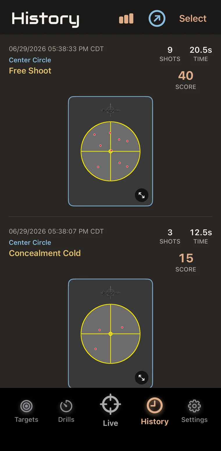 History screen listing past sessions with hit maps, shot counts, times and scores