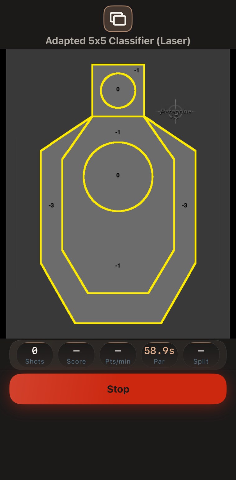 Live session on an Adapted 5x5 Classifier target with Shots, Score, Pts/min, Par and Split readouts