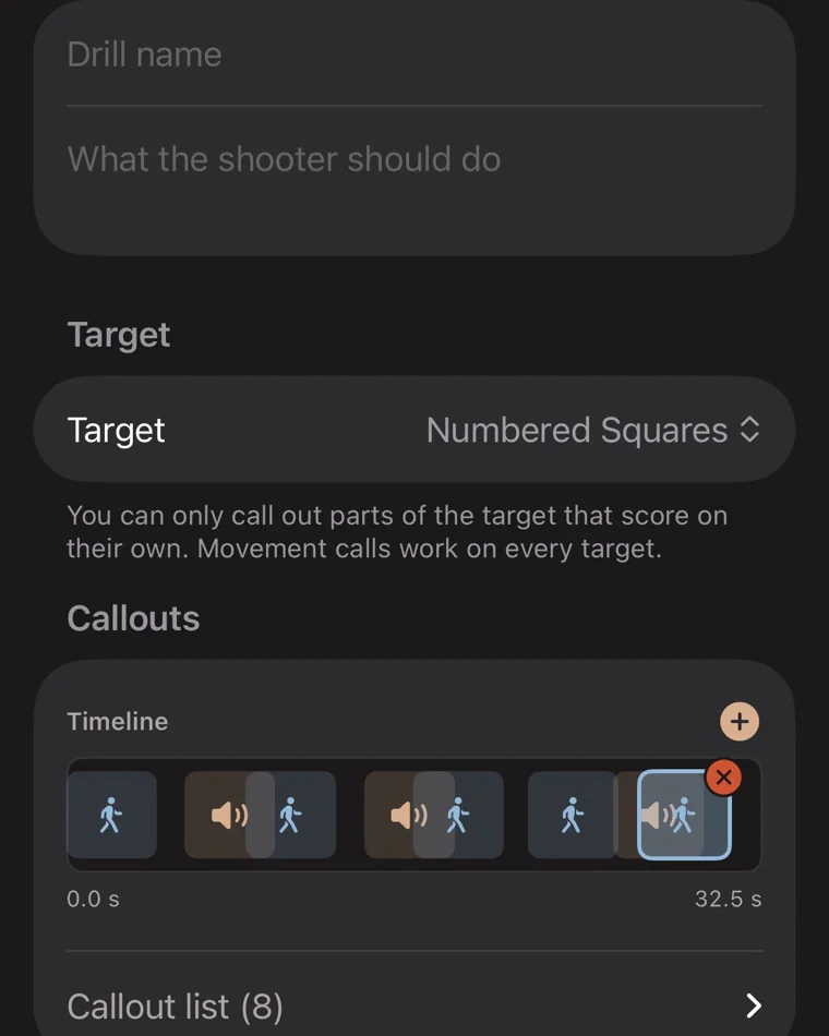 The Drill Designer with a target chosen and a callout timeline being built