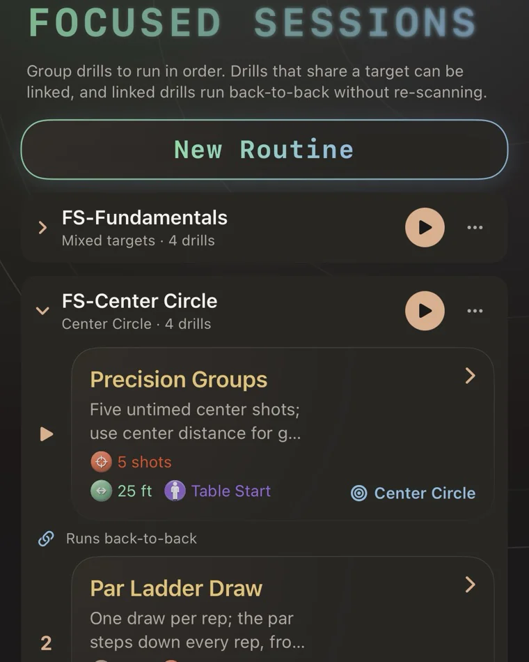 A Focused Session listing drills that run back-to-back on a shared target
