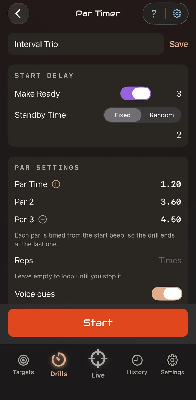 Par Timer setup screen with a saved preset named Interval Trio, a Make Ready and Standby start delay, three par times of 1.20, 3.60 and 4.50 seconds, a reps field and a Start button
