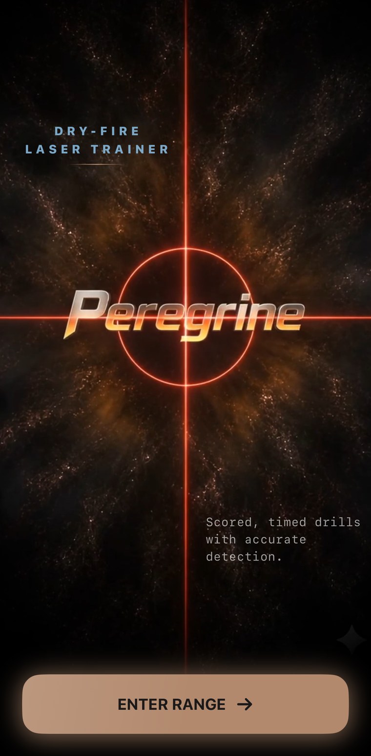 Peregrine app entry screen with the metallic Peregrine wordmark and an Enter Range button